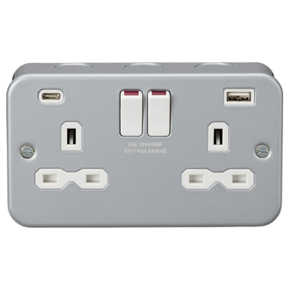 Picture of Metal Clad 13A 2 Gang Single Pole Switched Socket with Dual USB C+A 5V DC 4.0A (shared) 