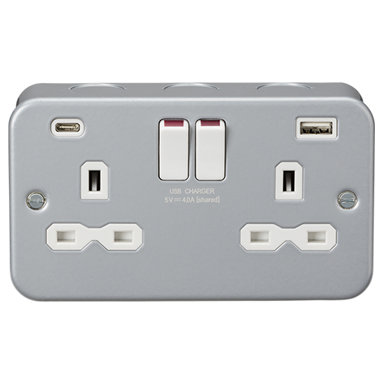 Picture of Metal Clad 13A 2 Gang Single Pole Switched Socket with Dual USB C+A 5V DC 4.0A (shared) 